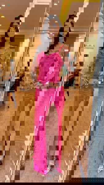 Longo Pink Corset Com Fenda E Amarração Costas