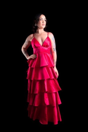 Pink Rosa Babados Em Camadas Alça Fina