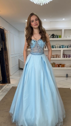 Longo Com Vestido Curto Azul Claro Bordado Debutante
