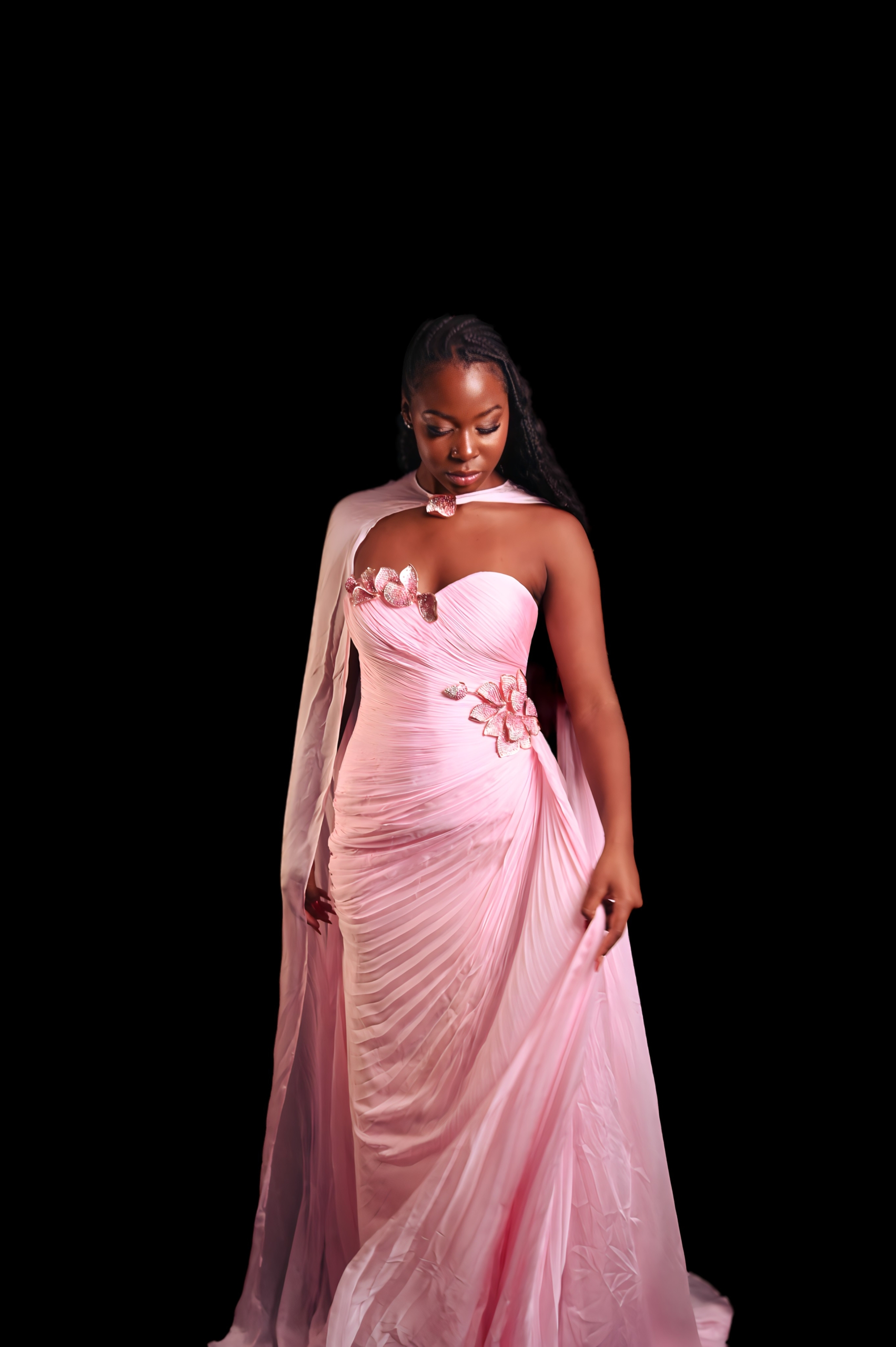 Longo Seda Rosa Bebê Plissado Com Pétalas Em Metal E Capa - Imagem 3