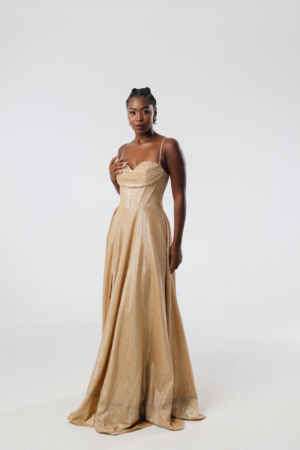 Longo Com Brilho Saia Evasê Corset Bordado Dourado