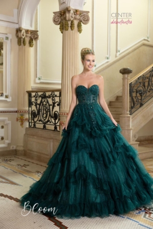 Longo Verde Esmeralda Debutante Corset Bordado Saia Tule Com Glitter Em Camadas