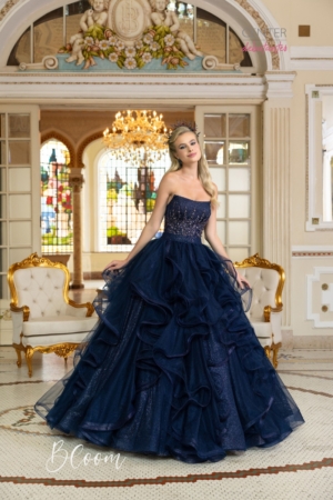 Longo Debutante Saia Removível Azul Marinho Todo Bordado