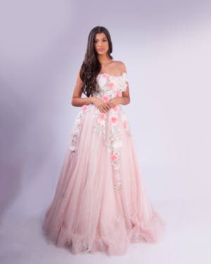 Longo Rosa Bordado Saia Em Tule E Glitter