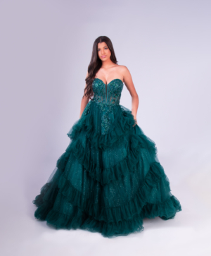 Longo Verde Esmeralda Debutante Corset Bordado Saia Tule Com Glitter Em Camadas