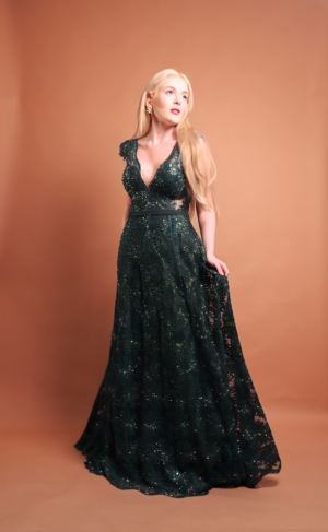 Longo Verde Esmeralda Bordado Em Paetê E Canutilho Saia Evasê