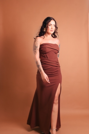 Longo TQC Marrom Drapeado Na Cintura